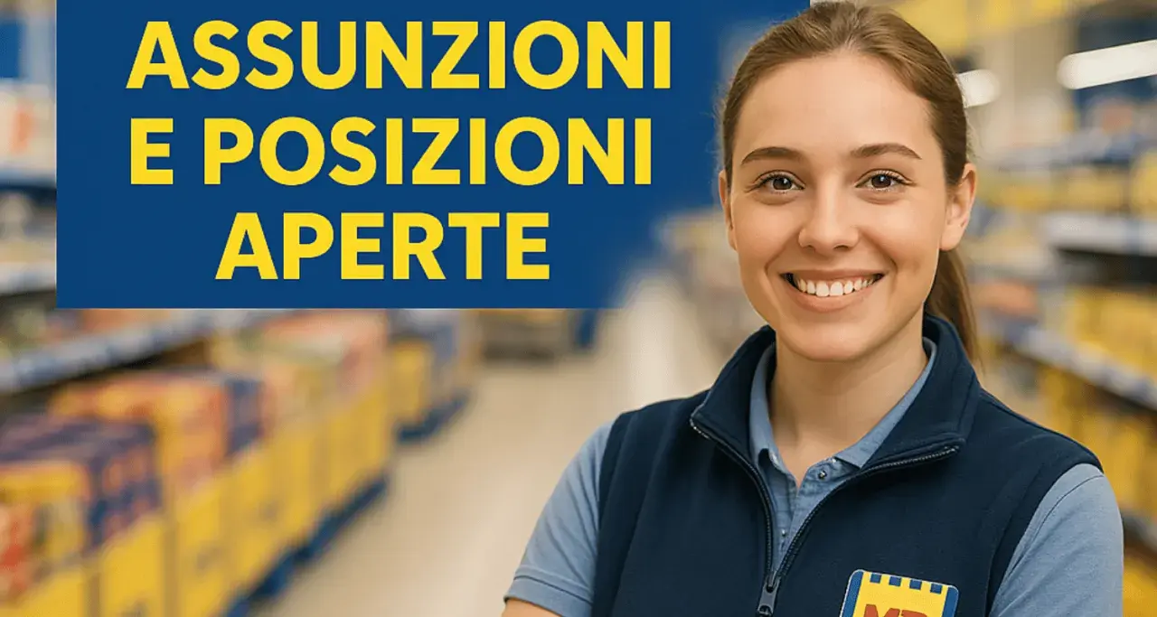 Giovane scaffalista supermercato sorridente, con scritta "Assunzioni e posizioni aperte".