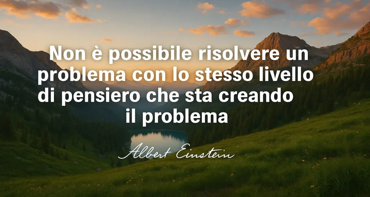Montagne maestose e lago sereno incorniciano frasi di chiusura di Albert Einstein: "Non è possibile risolvere un problema con lo stesso livello di pensiero che sta creando il problema.