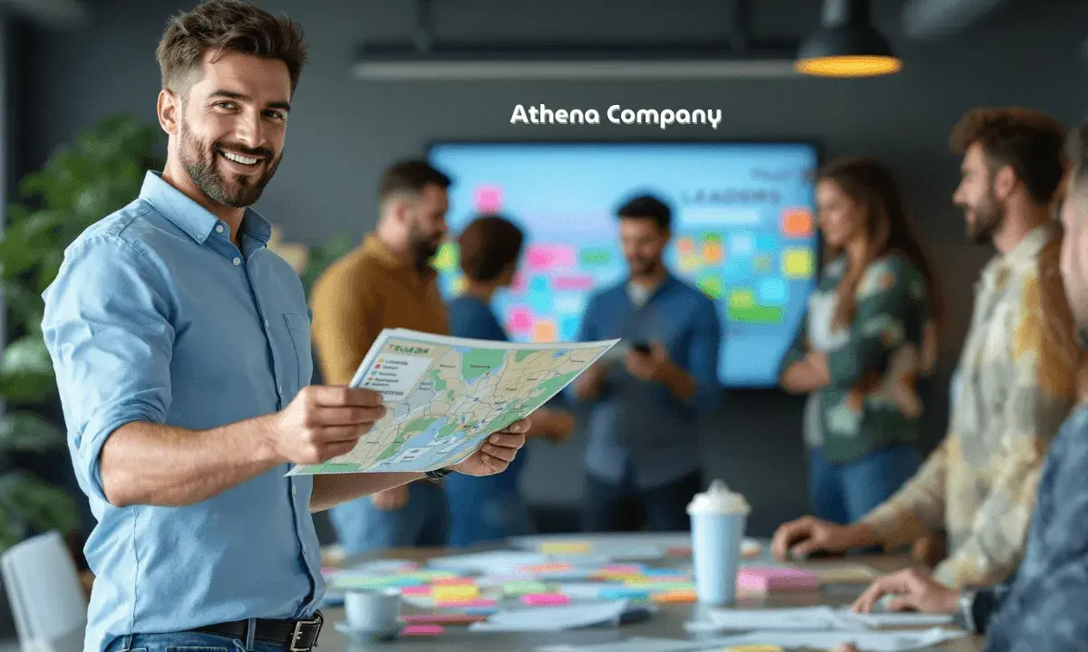 Uomo sorridente con mappa in mano, parte di un team che collabora in ufficio. Il lavoro di squadra è evidente nella dinamica di gruppo.