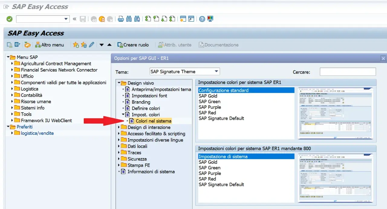 Interfaccia SAP Easy Access, con freccia rossa che indica "Colori nel sistema". Utile per un corso SAP gratuito.