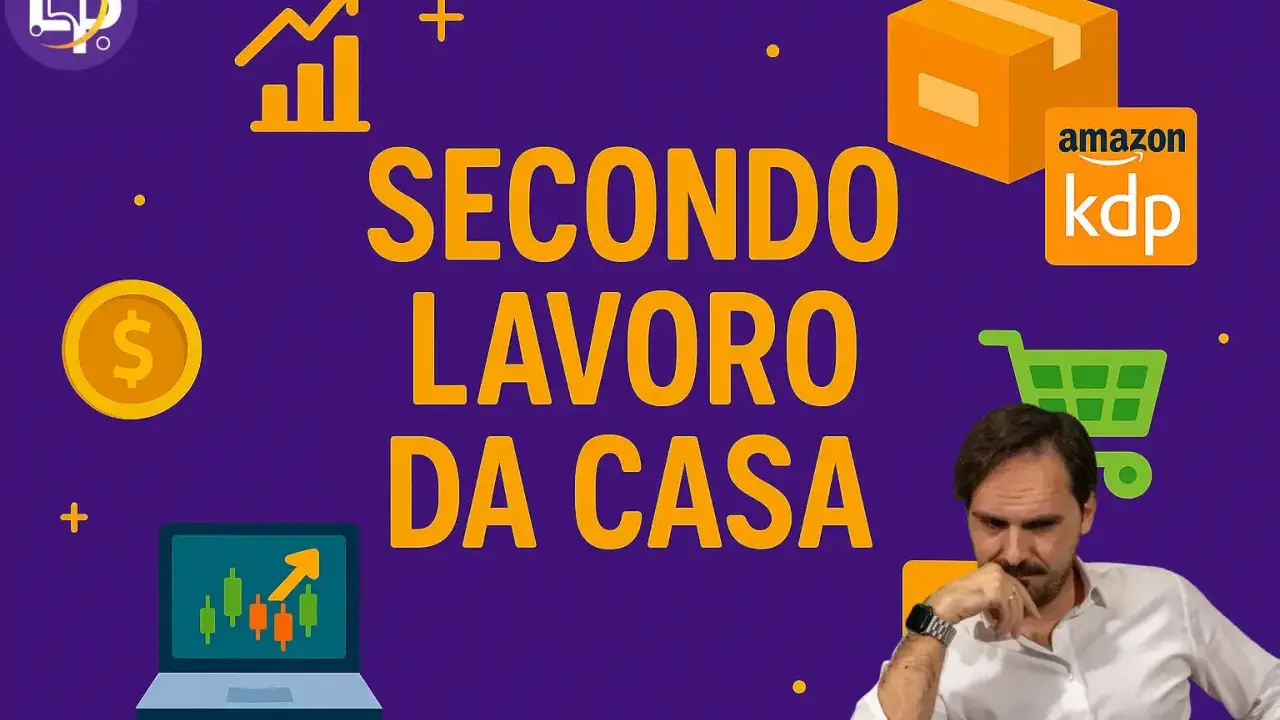 Uomo pensieroso con grafici, soldi e pacco Amazon KDP. Un'immagine che ispira il tuo **secondo lavoro da casa**.