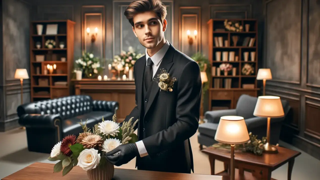 Giovane uomo in abito scuro sistema fiori, forse riflettendo su quanto guadagna un becchino in questo elegante ambiente.