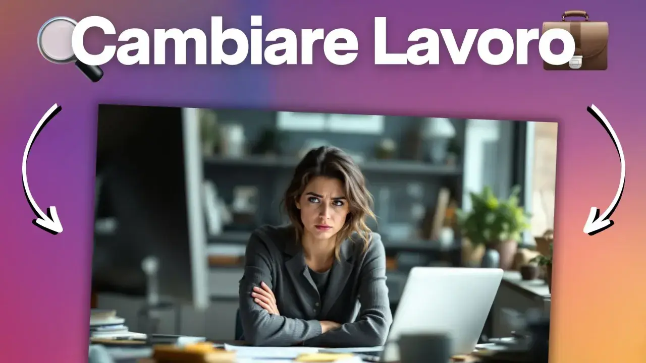 Donna pensierosa davanti a un laptop, con la scritta "Cambiare Lavoro" in alto. È ora di valutare perchè cambiare lavoro.