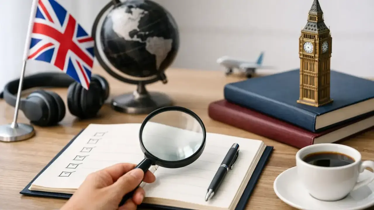 Tutto pronto per un corso di inglese gratuito: bandiera UK, Big Ben, globo, cuffie e un quaderno da studiare.