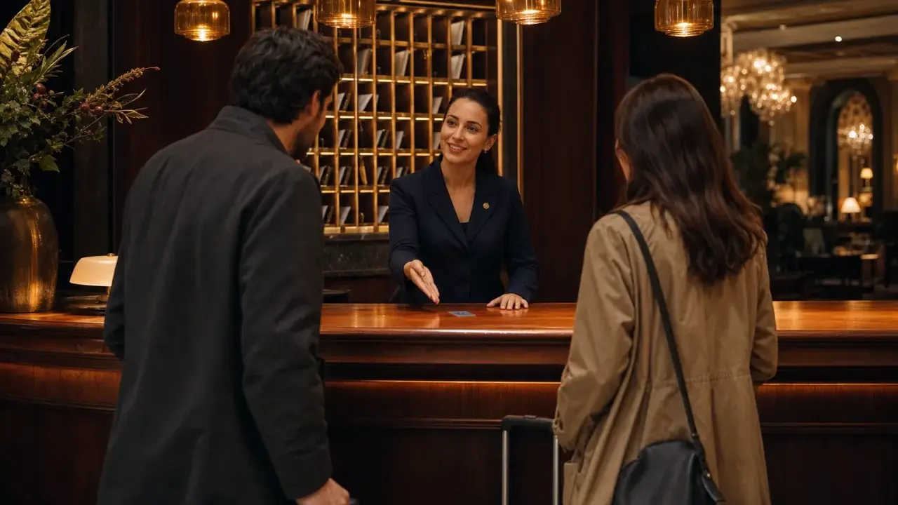 Receptionist sorridente offre un servizio impeccabile, dimostrando l'importanza dell'inglese per receptionist in un hotel di lusso.