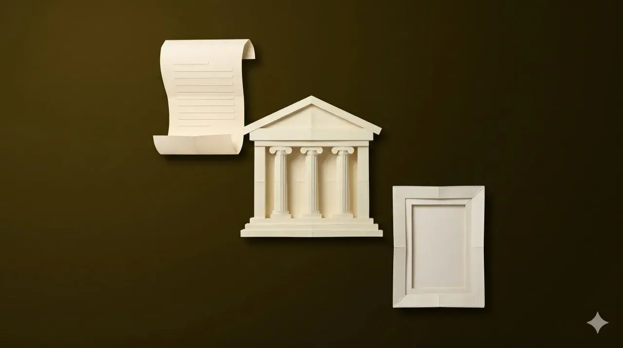 Un rotolo di pergamena, un edificio con colonne e una cornice vuota, simboli di un lavoro in un museo che preserva la storia.