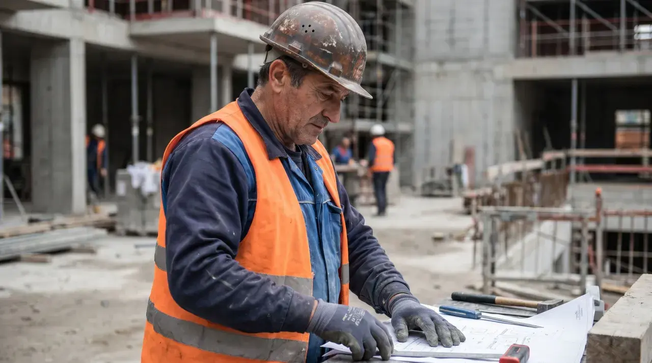 Operaio edile con casco e giubbotto arancione esamina un progetto. Si interroga sul pagamento infortunio INAIL quando arriva.
