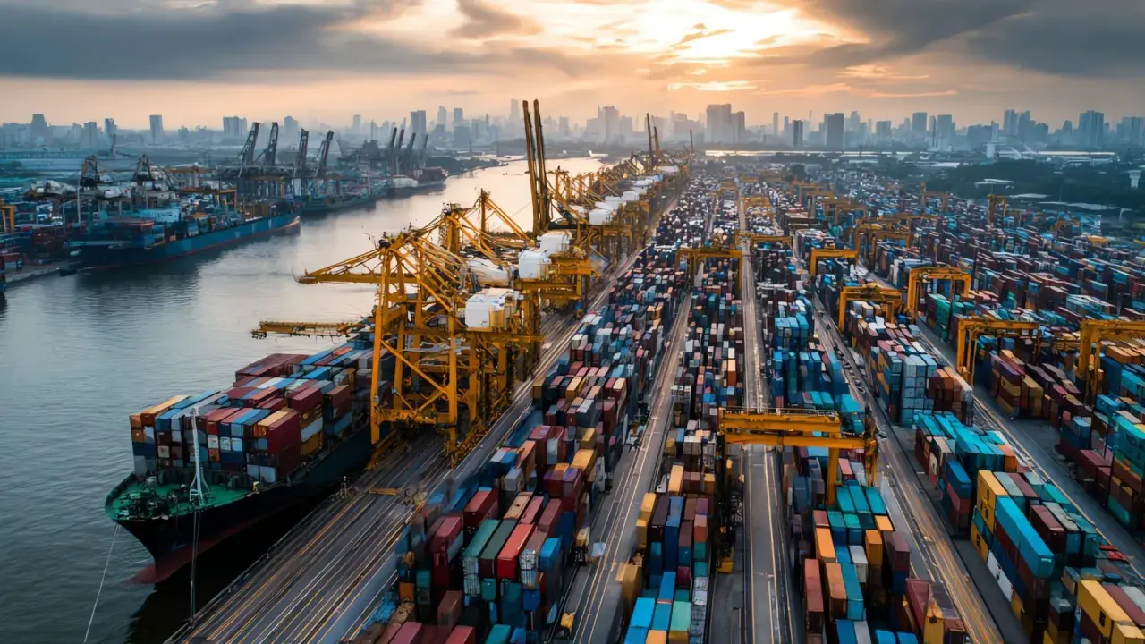 Porto merci con gru e container, ideale per chi cerca corsi supply chain online gratis per ottimizzare la logistica globale.