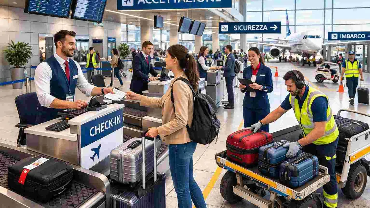 Personale impegnato a lavorare in aeroporto al check-in, con passeggeri e bagagli.
