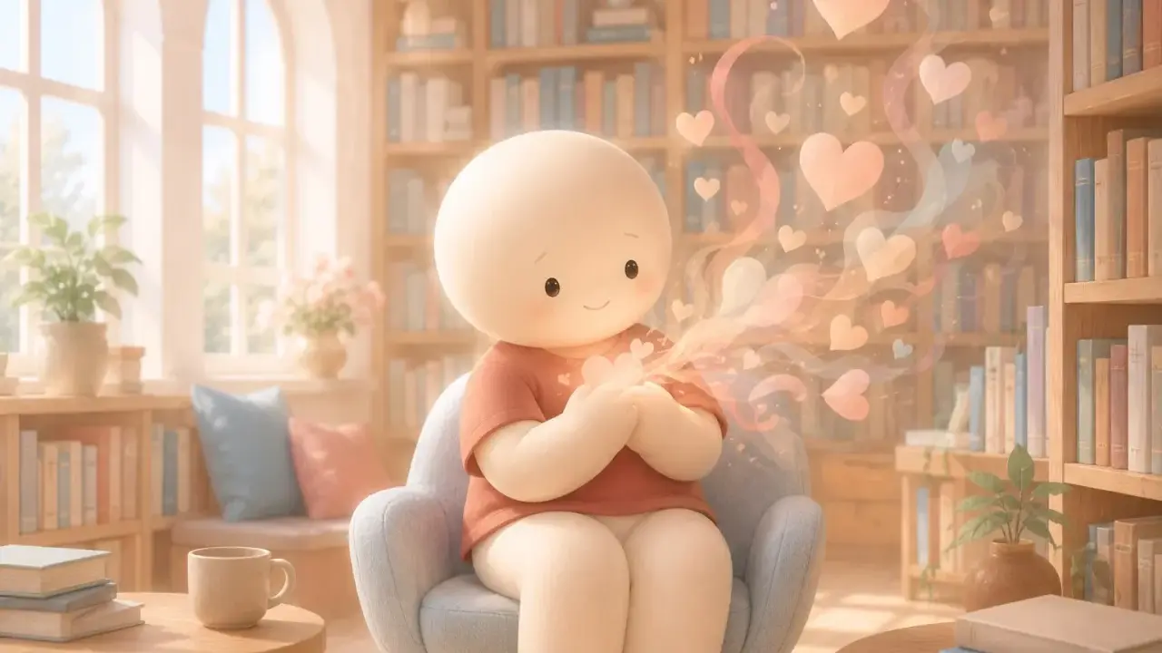 Un personaggio tondo e morbido, seduto in una poltrona, emana cuori luminosi da mani giunte. La scena è ambientata in una biblioteca accogliente.