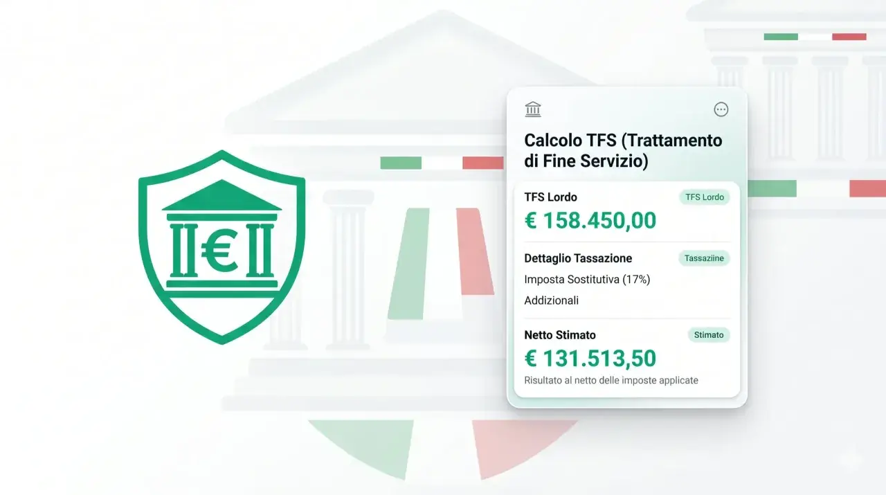 Calcolo del trattamento di fine servizio (TFS). Importo lordo €158.450,00, netto stimato €131.513,50.