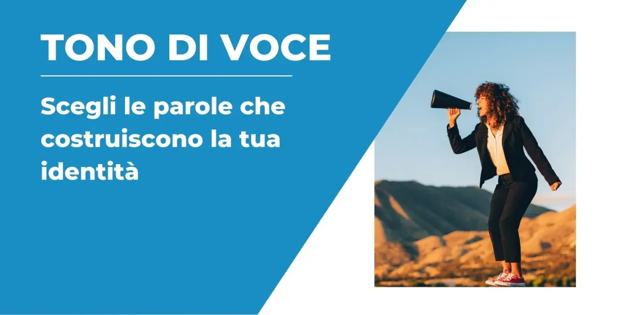 Donna con megafono, con frasi con tono che costruiscono l'identità.