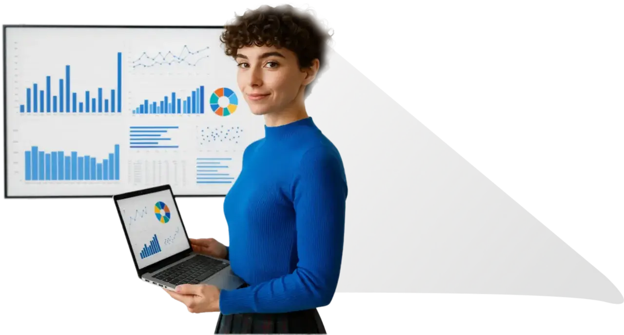 Donna con laptop mostra grafici, perfetta per un corso data analyst.