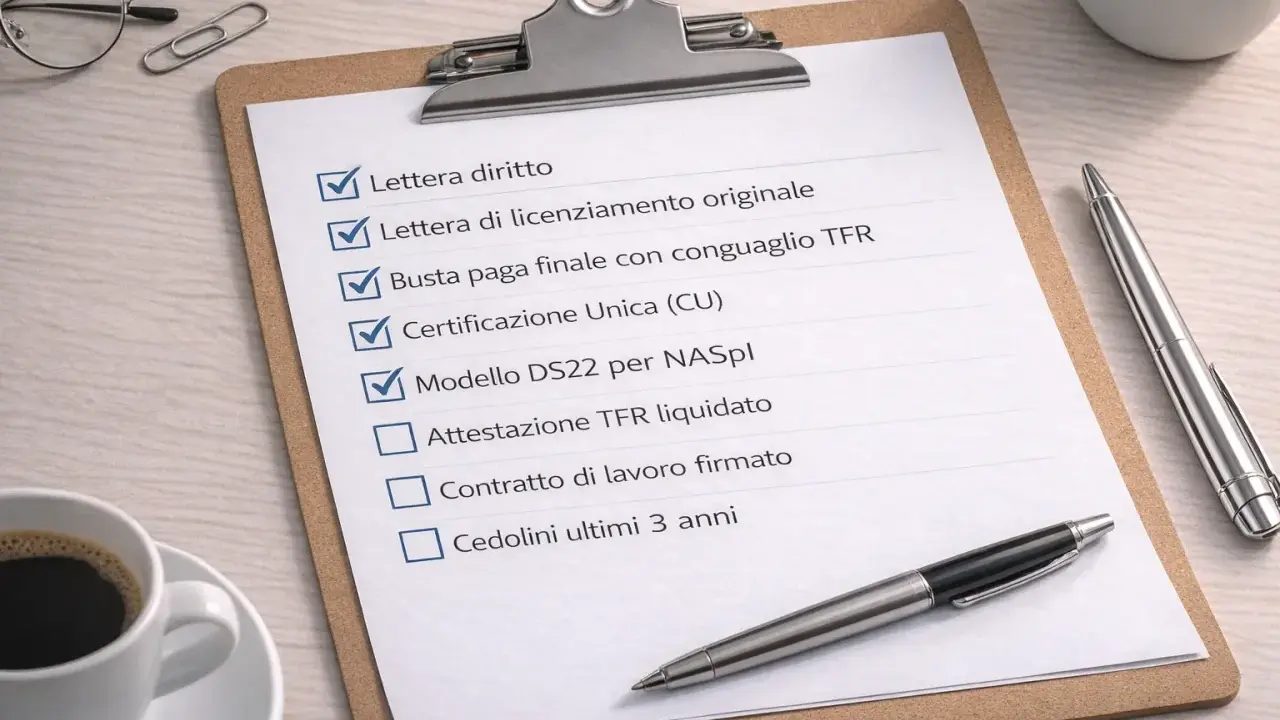 Lista di documenti per una lettera di dimissioni senza preavviso per motivi personali. Alcune voci sono già spuntate.
