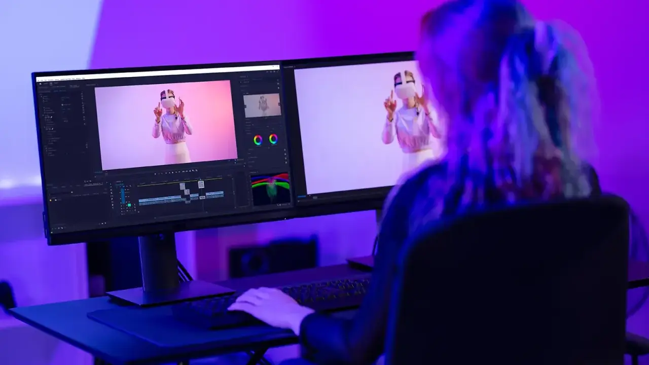 Ragazza studia effetti speciali per video, con monitor che mostra timeline e video. Corsi After Effects per creativi.