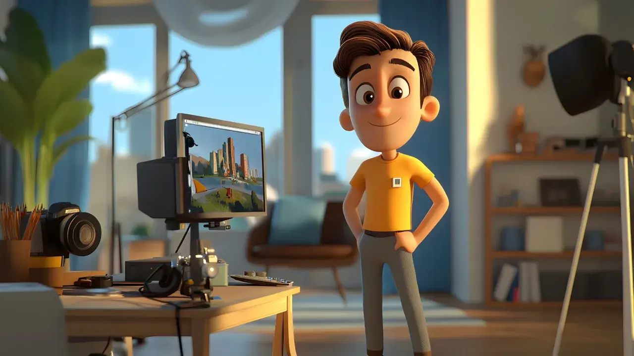 Ragazzo sorridente davanti al PC, con un progetto di grafica 3d. Ideale per chi cerca corsi grafica 3d.