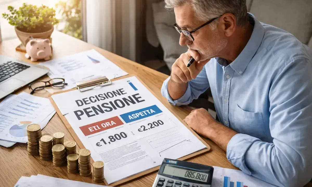 Uomo maturo valuta se conviene lavorare dopo la pensione, confrontando cifre su un foglio.