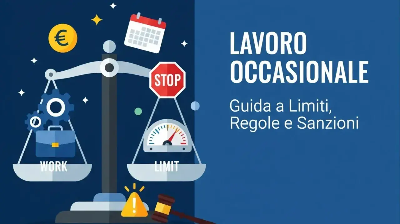 Bilancia con valigetta e ingranaggi da un lato (lavoro) e tachimetro con stop dall'altro (limiti). Titolo: Lavoro Occasionale.