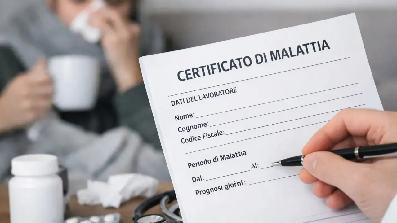 Medico compila certificato di malattia per un lavoratore. Sul tavolo, farmaci e stetoscopio, mentre sullo sfondo una persona malata beve una tisana.