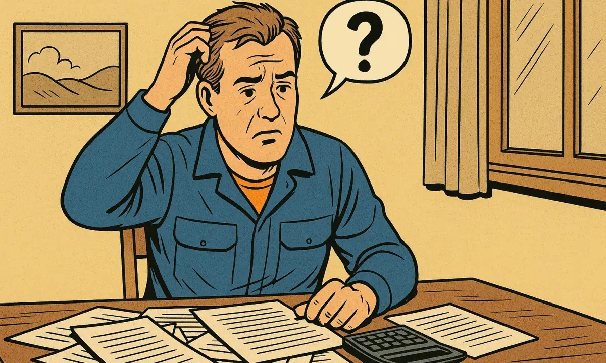 Uomo confuso con fogli e calcolatrice, pensando al 730 per lavoro dipendente e prestazione occasionale.