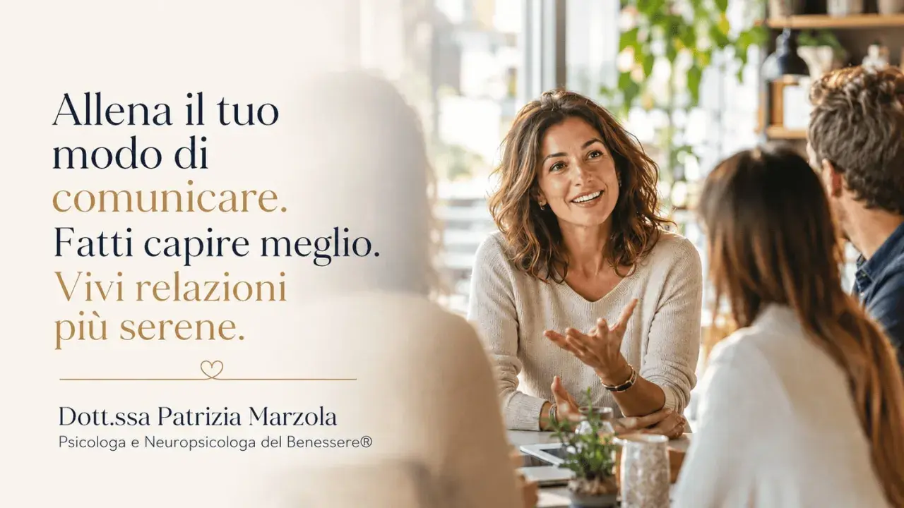 Una donna sorride mentre parla, incoraggiando a comunicare meglio prima di parlare. Dott.ssa Patrizia Marzola, Psicologa.