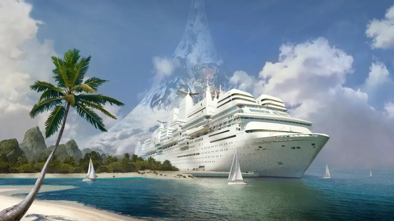 Un'isola tropicale con palme e montagne sullo sfondo, dove una nave da crociera gigante offre l'opportunità di lavorare sulle navi da crociera.