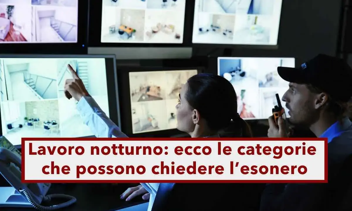 Guardie di sicurezza monitorano telecamere, una indica lo schermo. Il testo parla di lavoro notturno e esoneri.