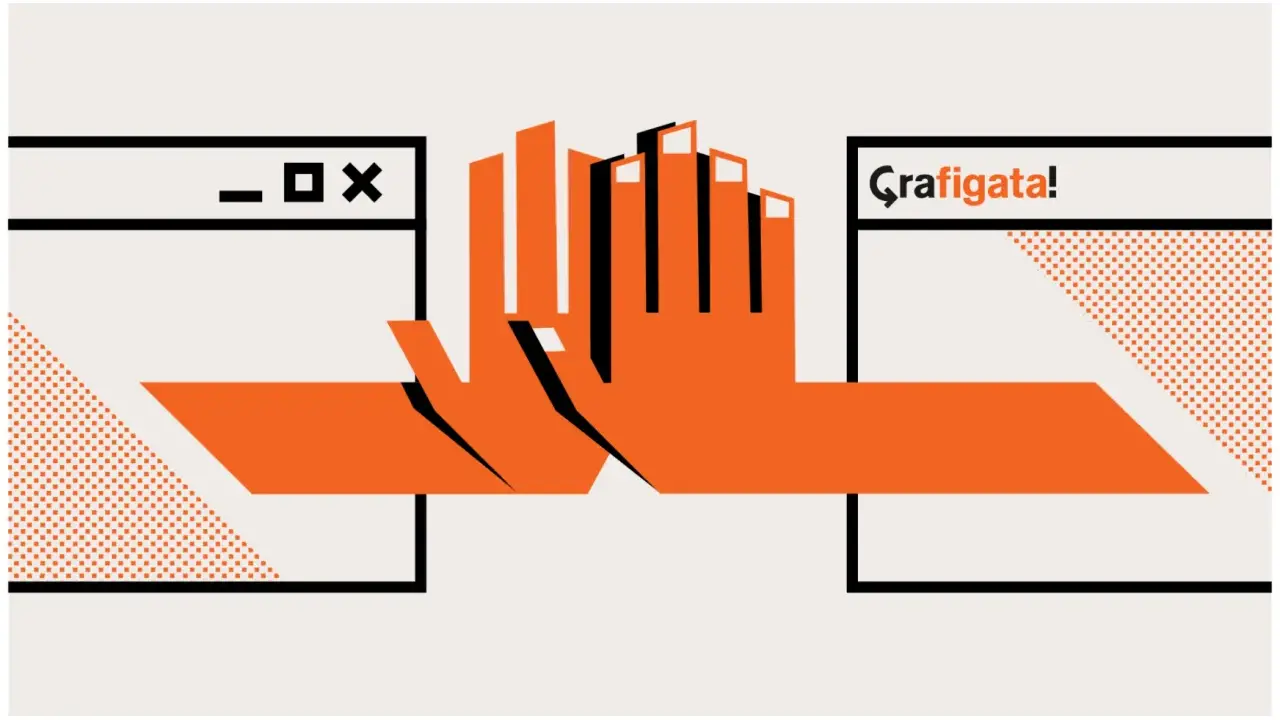 Mani arancioni si uniscono tra finestre digitali, simbolo di un corso graphic design online gratis che apre nuove possibilità creative.