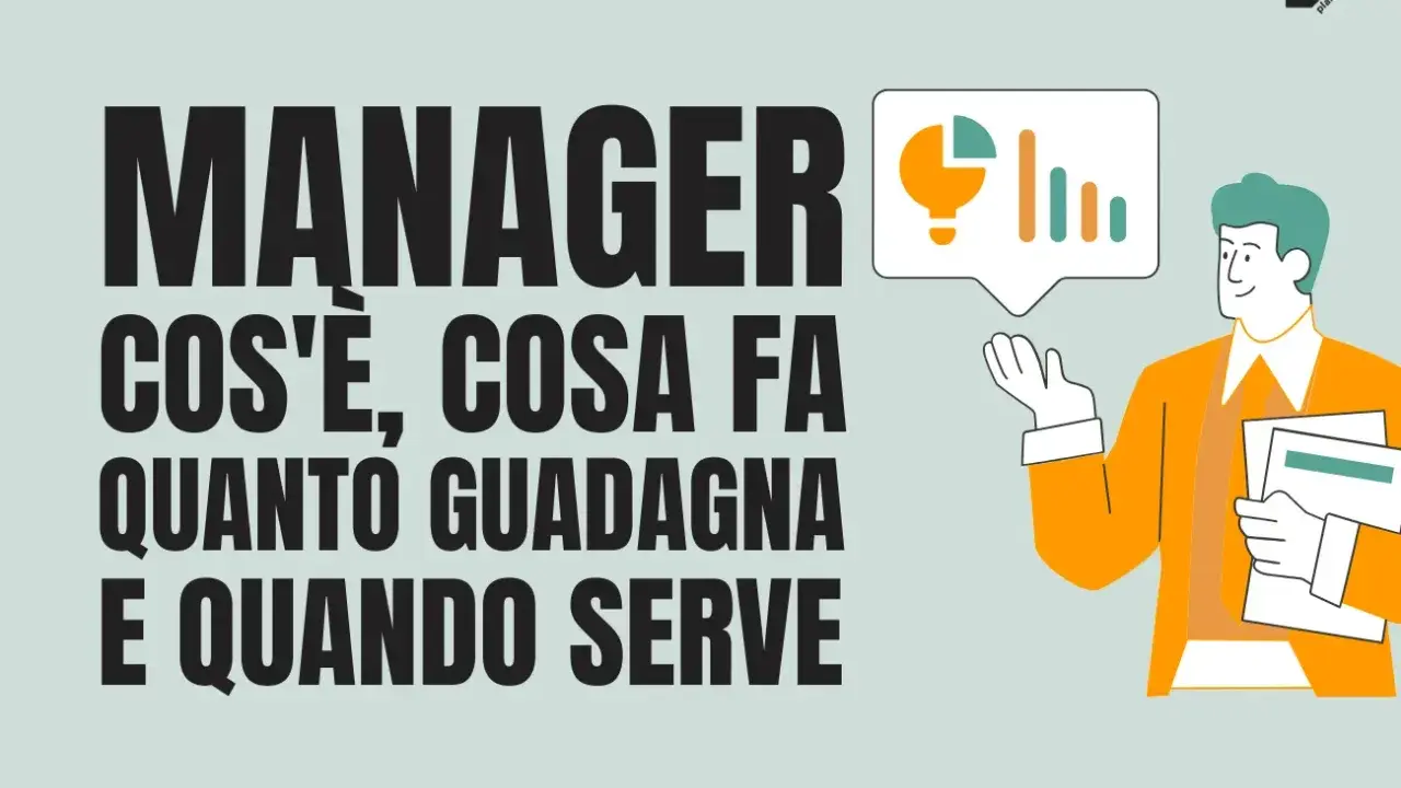 Un uomo con giacca arancione, un site manager, illustra grafici e statistiche. Testo: "Manager: cos'è, cosa fa, quanto guadagna e quando serve".