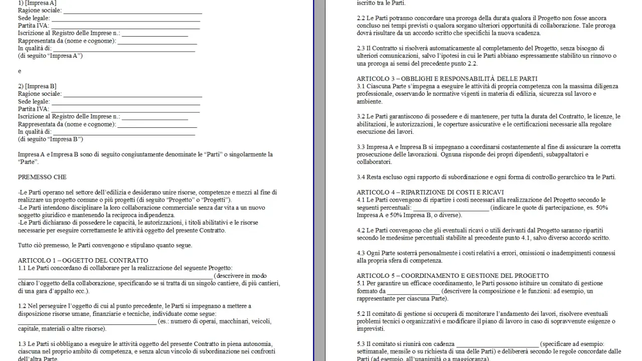 Contratto tra imprese con partita IVA per un progetto comune. Le parti definiscono oggetto, durata, costi e gestione.