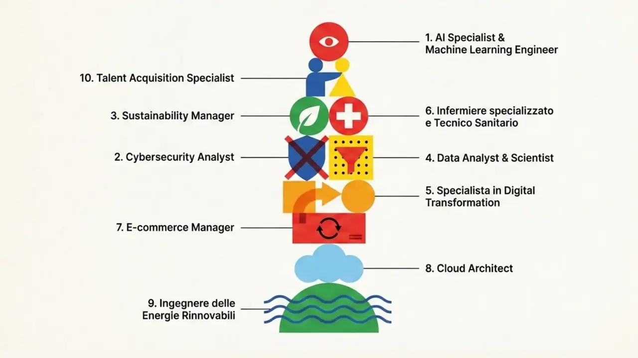 Classifica dei lavori più richiesti in Italia: AI Specialist, infermiere, data analyst, cybersecurity, cloud architect e ingegnere delle energie rinnovabili.