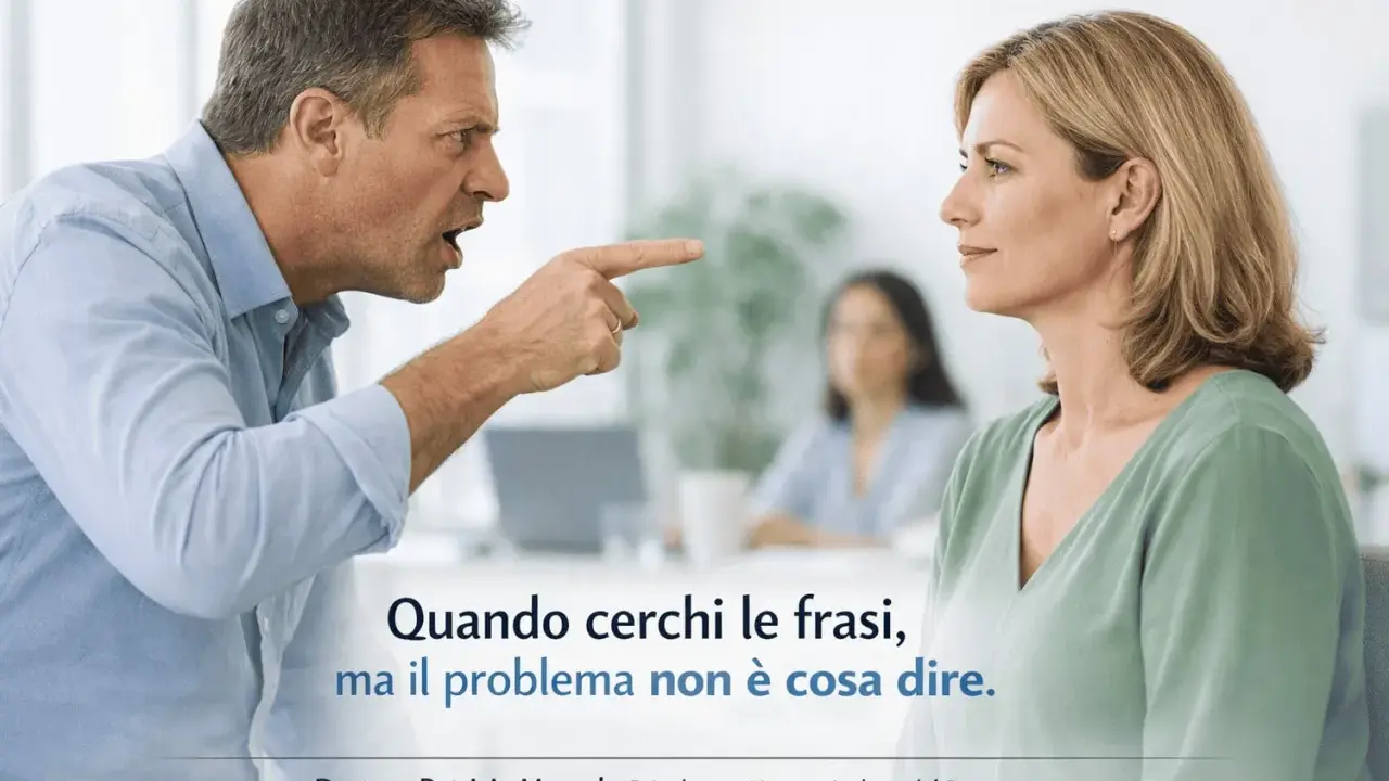 Uomo arrabbiato punta il dito contro una donna. La gente parla senza sapere, cercando le parole giuste ma ignorando il vero problema.