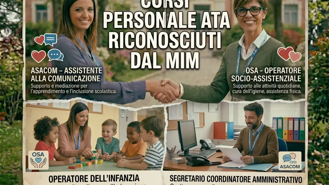 Corsi gratuiti senza diploma per personale ATA, ASACOM e OSA. Formazione riconosciuta dal MIM per lavorare con bambini e anziani.