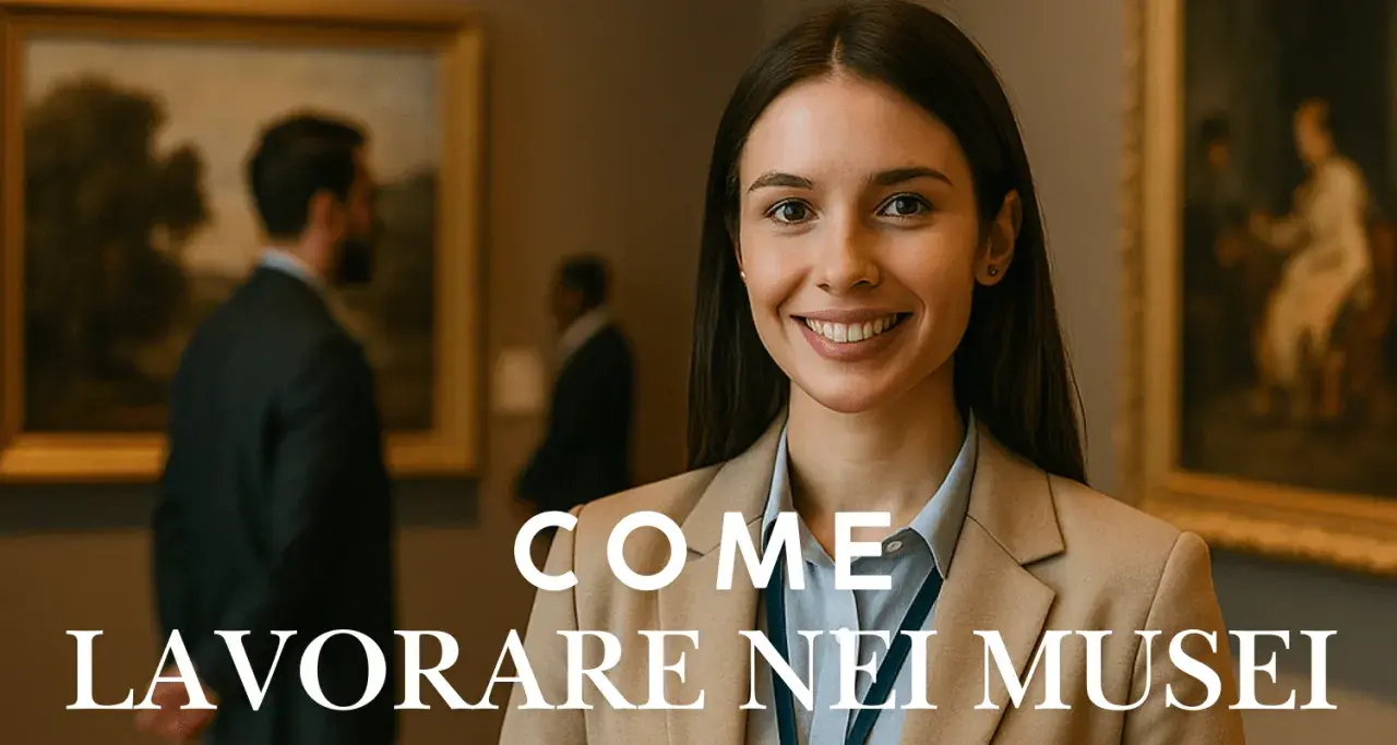 Giovane donna sorridente in un museo, con opere d'arte alle spalle. Il testo "Come lavorare nei musei" suggerisce un percorso professionale.