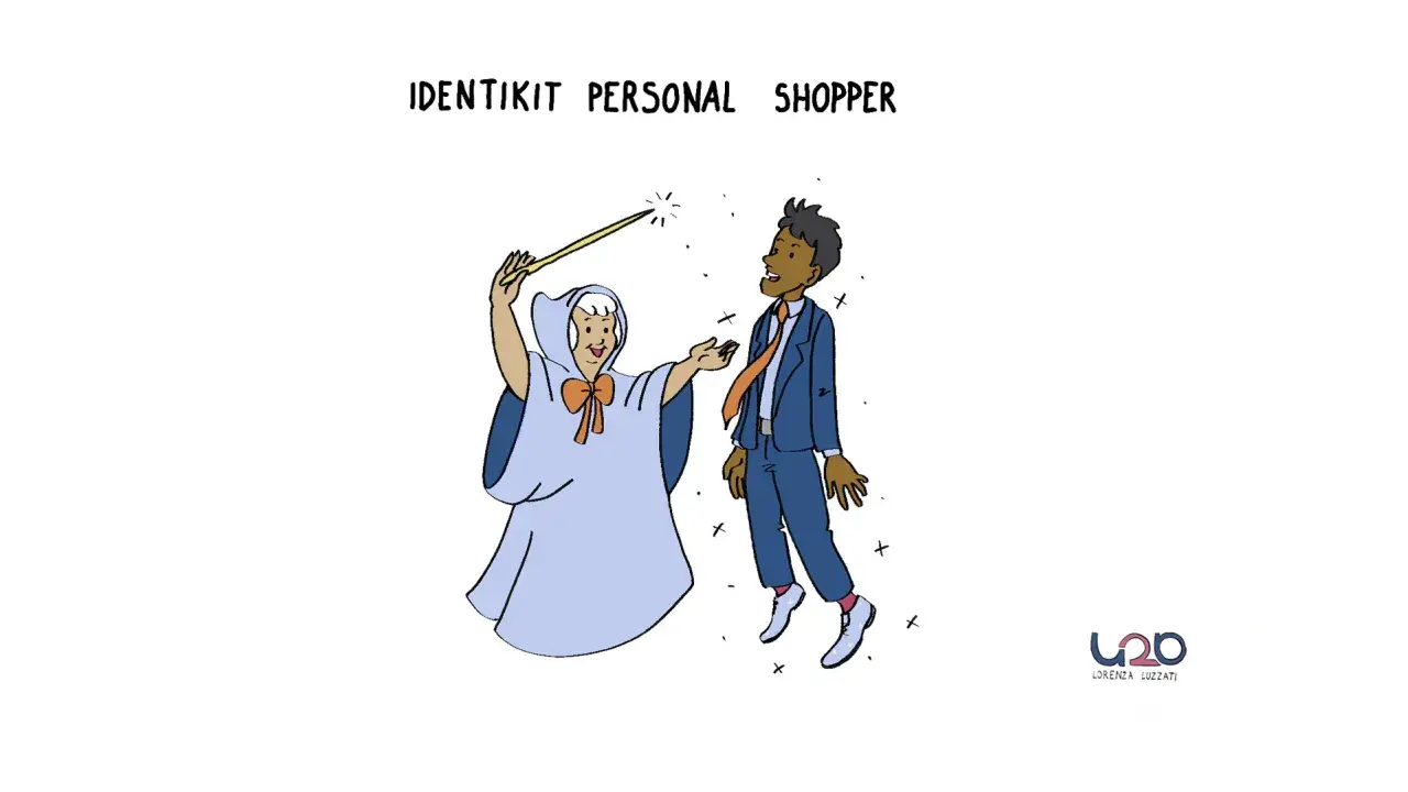 Una fata con bacchetta magica trasforma un uomo in un impeccabile personal shopper.