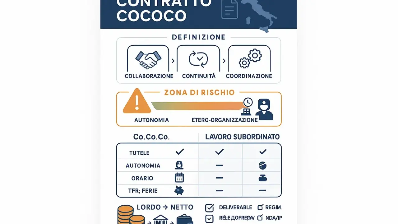 Schema che illustra il contratto di collaborazione coordinata e continuativa (Co.Co.Co.), evidenziando collaborazione, continuità, coordinazione, autonomia e rischio.