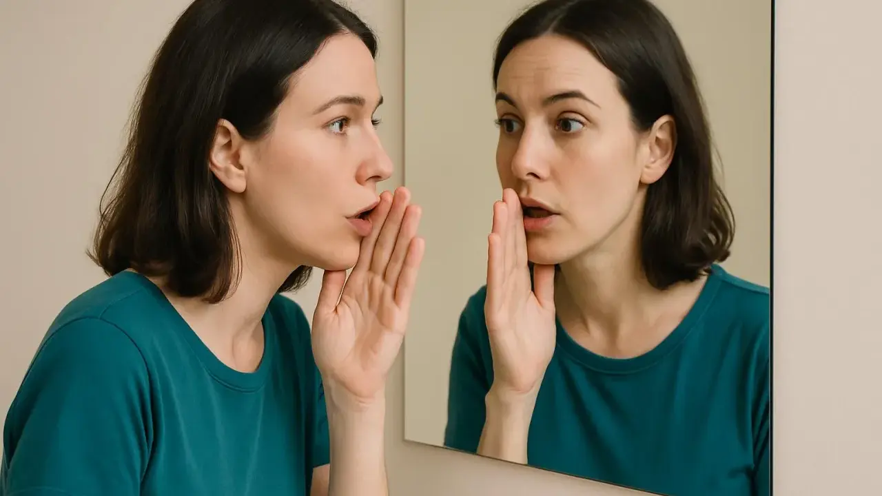 Donna si sussurra qualcosa allo specchio, un dialogo interiore che esplora la psicologia del parlare velocemente.