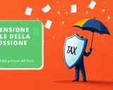 Figura stilizzata con scudo "TAX" e ombrello protegge da documenti volanti. Testo: "Sospensione legale della riscossione".