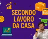 Uomo pensieroso con grafici, soldi e pacco Amazon KDP. Un'immagine che ispira il tuo **secondo lavoro da casa**.