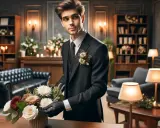 Giovane uomo in abito scuro sistema fiori, forse riflettendo su quanto guadagna un becchino in questo elegante ambiente.