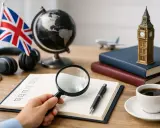 Tutto pronto per un corso di inglese gratuito: bandiera UK, Big Ben, globo, cuffie e un quaderno da studiare.