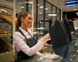 Ragazza sorridente con grembiule, guanti e camicia bianca, pronta per il suo corso gratuito addetto alla cassa in un panificio.