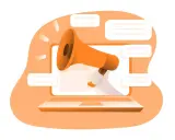 Un megafono arancione esce da un laptop, circondato da fumetti. Ideale per corsi di web marketing e comunicazione digitale.