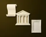 Un rotolo di pergamena, un edificio con colonne e una cornice vuota, simboli di un lavoro in un museo che preserva la storia.