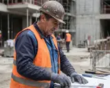 Operaio edile con casco e giubbotto arancione esamina un progetto. Si interroga sul pagamento infortunio INAIL quando arriva.
