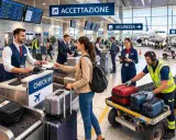 Personale impegnato a lavorare in aeroporto al check-in, con passeggeri e bagagli.