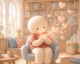 Un personaggio tondo e morbido, seduto in una poltrona, emana cuori luminosi da mani giunte. La scena è ambientata in una biblioteca accogliente.