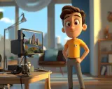 Ragazzo sorridente davanti al PC, con un progetto di grafica 3d. Ideale per chi cerca corsi grafica 3d.
