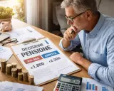 Uomo maturo valuta se conviene lavorare dopo la pensione, confrontando cifre su un foglio.