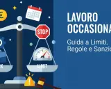 Bilancia con valigetta e ingranaggi da un lato (lavoro) e tachimetro con stop dall'altro (limiti). Titolo: Lavoro Occasionale.